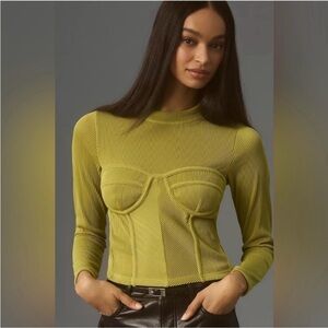 NWT Anthropologie Blue Tassel Corset Ribbed Bodycon Chartreuse Green Stretch S​